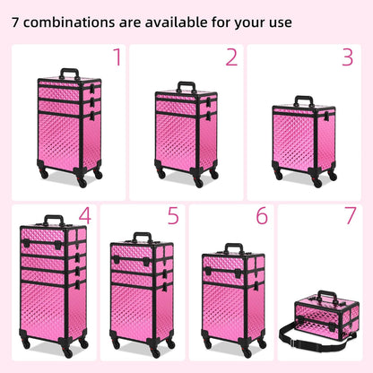 Rolling Makeup Case, Makeup Train Case with Lid, 5 in 1 Cosmetology Case on Wheels, Christmas Gift, Large Makeup Organizers, Profesional Cosmetic Case for Salon Barber, Purple Gold