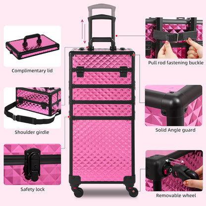 Rolling Makeup Case, Makeup Train Case with Lid, 5 in 1 Cosmetology Case on Wheels, Christmas Gift, Large Makeup Organizers, Profesional Cosmetic Case for Salon Barber, Purple Gold