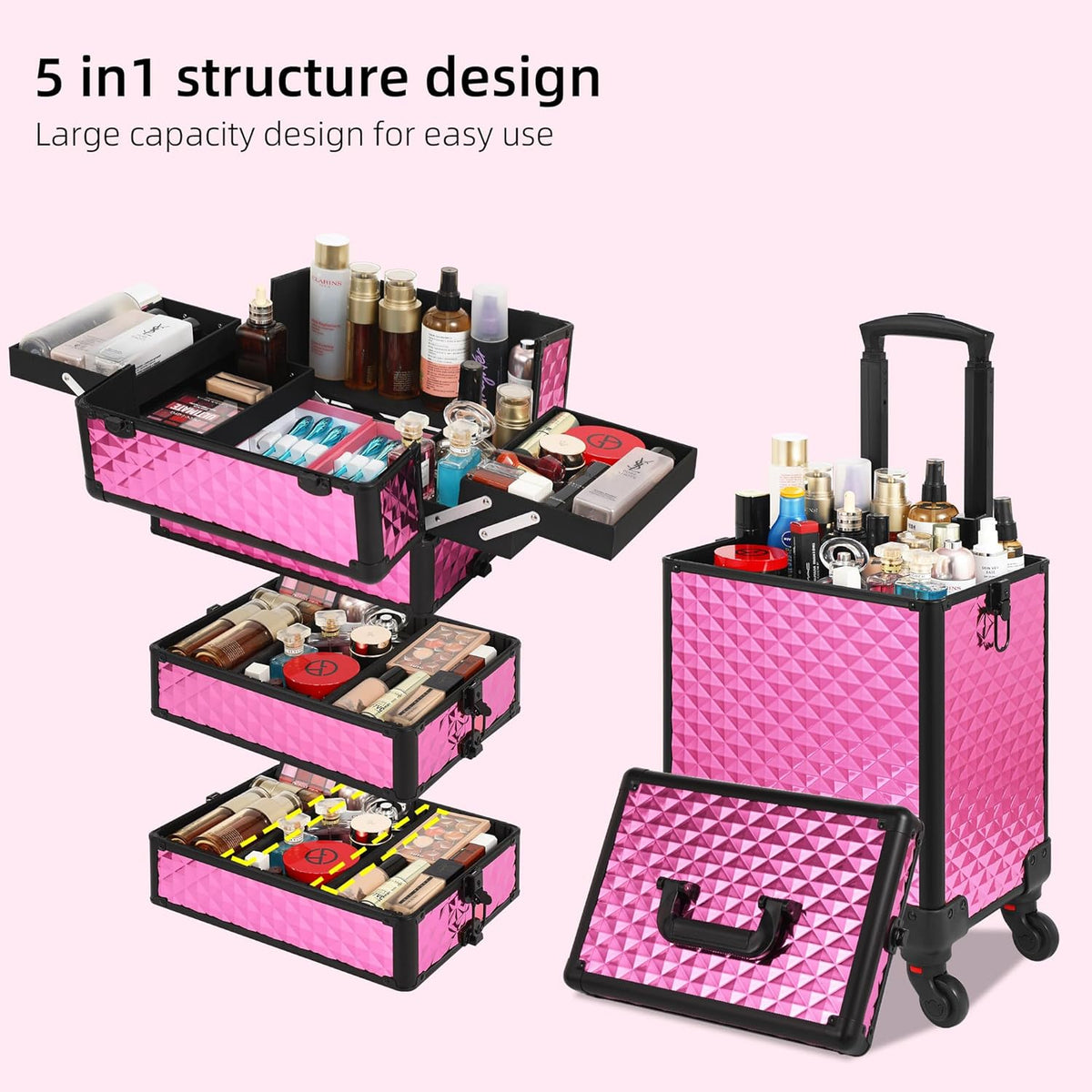 Rolling Makeup Case, Makeup Train Case with Lid, 5 in 1 Cosmetology Case on Wheels, Christmas Gift, Large Makeup Organizers, Profesional Cosmetic Case for Salon Barber, Purple Gold