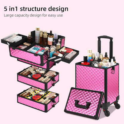 Rolling Makeup Case, Makeup Train Case with Lid, 5 in 1 Cosmetology Case on Wheels, Christmas Gift, Large Makeup Organizers, Profesional Cosmetic Case for Salon Barber, Purple Gold