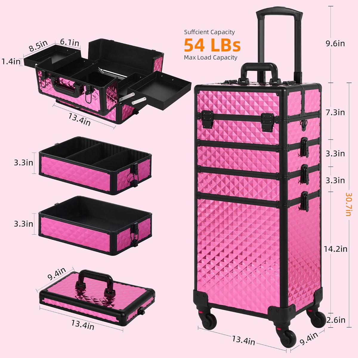 Rolling Makeup Case, Makeup Train Case with Lid, 5 in 1 Cosmetology Case on Wheels, Christmas Gift, Large Makeup Organizers, Profesional Cosmetic Case for Salon Barber, Purple Gold