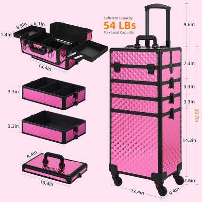 Rolling Makeup Case, Makeup Train Case with Lid, 5 in 1 Cosmetology Case on Wheels, Christmas Gift, Large Makeup Organizers, Profesional Cosmetic Case for Salon Barber, Purple Gold