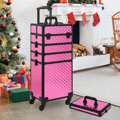 Rolling Makeup Case, Makeup Train Case with Lid, 5 in 1 Cosmetology Case on Wheels, Christmas Gift, Large Makeup Organizers, Profesional Cosmetic Case for Salon Barber, Purple Gold
