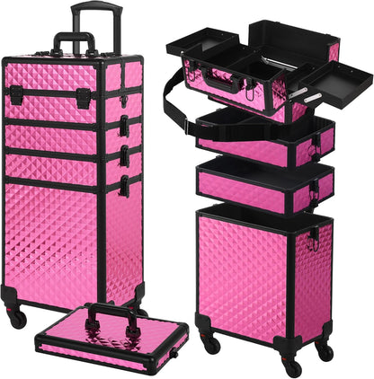 Rolling Makeup Case, Makeup Train Case with Lid, 5 in 1 Cosmetology Case on Wheels, Christmas Gift, Large Makeup Organizers, Profesional Cosmetic Case for Salon Barber, Purple Gold