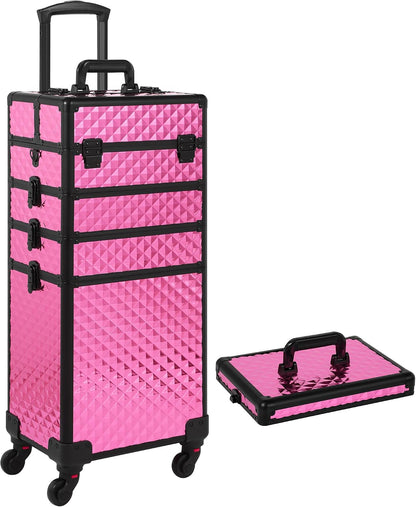 Rolling Makeup Case, Makeup Train Case with Lid, 5 in 1 Cosmetology Case on Wheels, Christmas Gift, Large Makeup Organizers, Profesional Cosmetic Case for Salon Barber, Purple Gold
