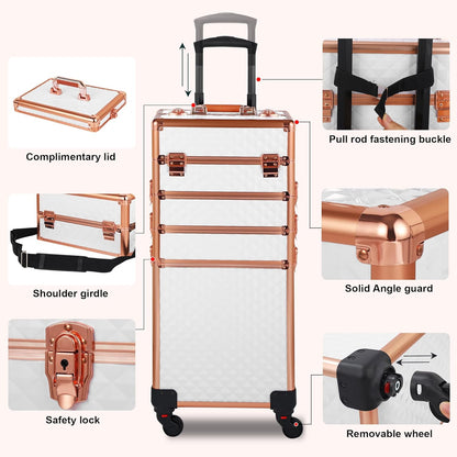 Rolling Makeup Case, Makeup Train Case with Lid, 5 in 1 Cosmetology Case on Wheels, Christmas Gift, Large Makeup Organizers, Profesional Cosmetic Case for Salon Barber, Purple Gold