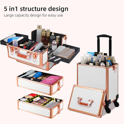 Rolling Makeup Case, Makeup Train Case with Lid, 5 in 1 Cosmetology Case on Wheels, Christmas Gift, Large Makeup Organizers, Profesional Cosmetic Case for Salon Barber, Purple Gold