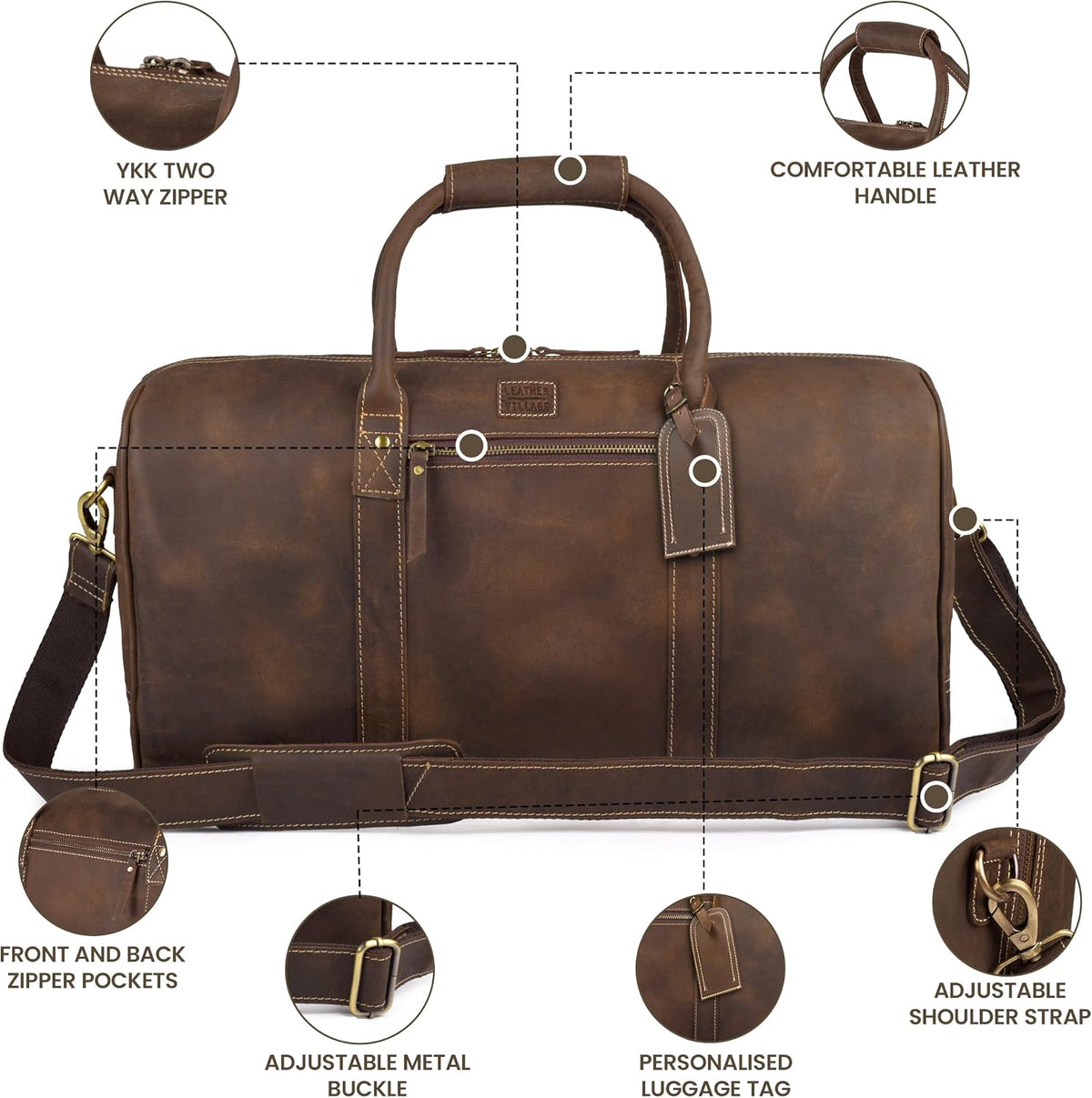 Leather Duffle Bag for Men Women 20 Inch 25L Vintage Brown | Water Resistant Full Grain Leather Duffel Bag, Stylish Travel Weekender Carry-On Sports Gym Overnight Luggage, Toiletry
