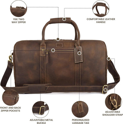 Leather Duffle Bag for Men Women 20 Inch 25L Vintage Brown | Water Resistant Full Grain Leather Duffel Bag, Stylish Travel Weekender Carry-On Sports Gym Overnight Luggage, Toiletry