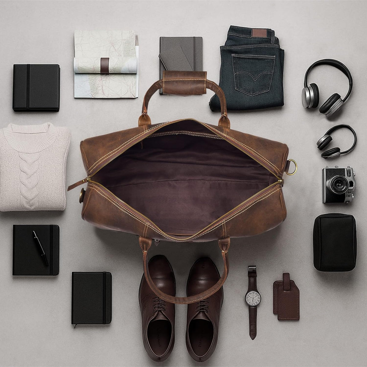 Leather Duffle Bag for Men Women 20 Inch 25L Vintage Brown | Water Resistant Full Grain Leather Duffel Bag, Stylish Travel Weekender Carry-On Sports Gym Overnight Luggage, Toiletry