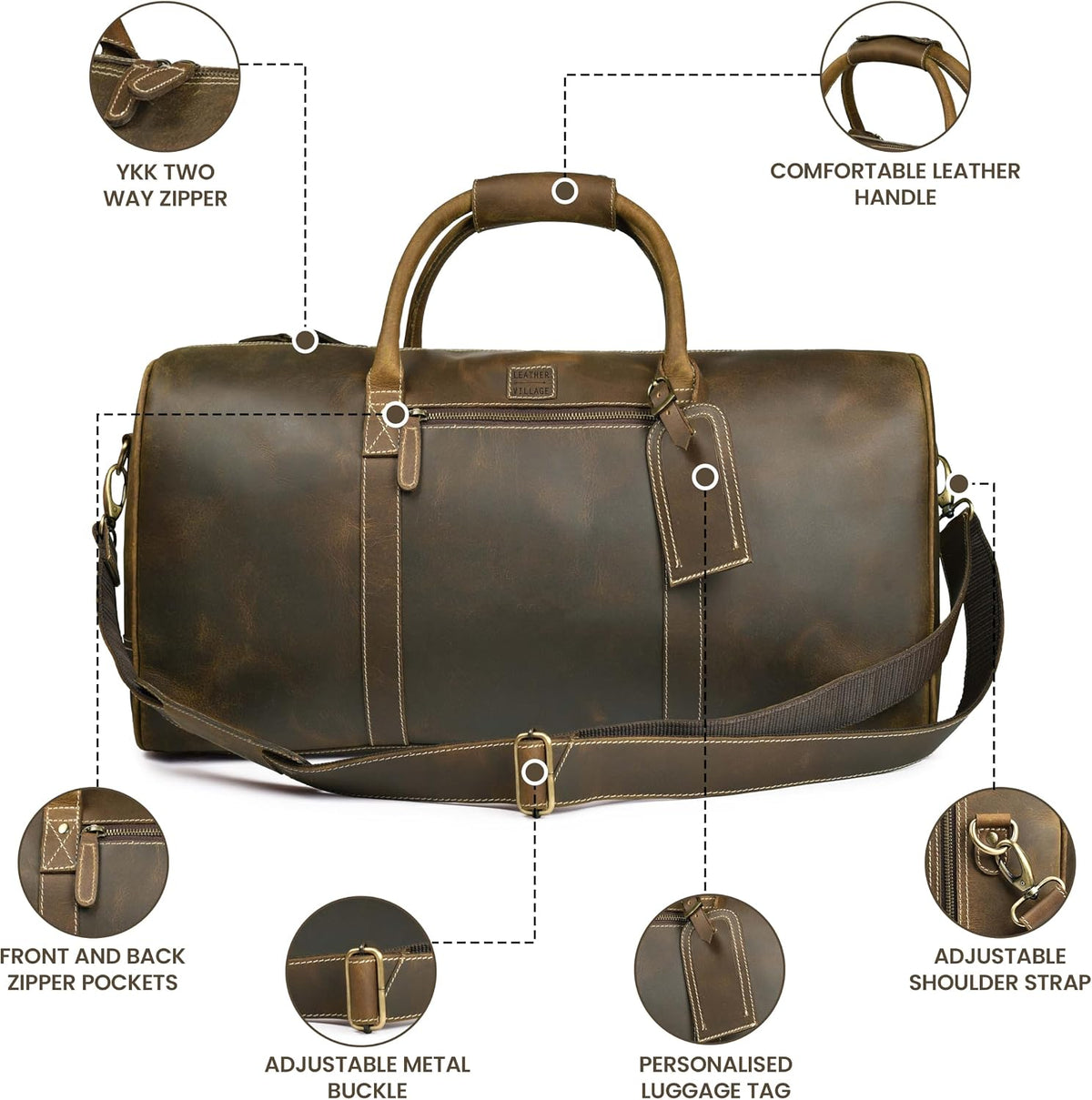 Leather Duffle Bag for Men Women 20 Inch 25L Vintage Brown | Water Resistant Full Grain Leather Duffel Bag, Stylish Travel Weekender Carry-On Sports Gym Overnight Luggage, Toiletry