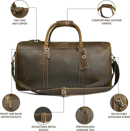 Leather Duffle Bag for Men Women 20 Inch 25L Vintage Brown | Water Resistant Full Grain Leather Duffel Bag, Stylish Travel Weekender Carry-On Sports Gym Overnight Luggage, Toiletry