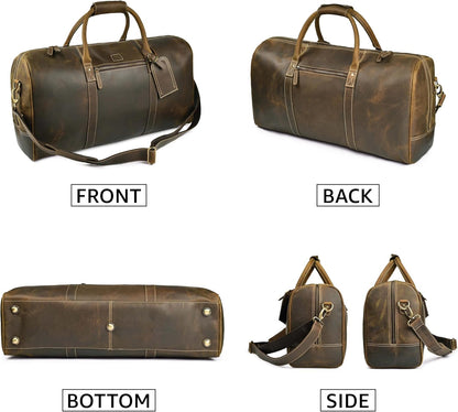 Leather Duffle Bag for Men Women 20 Inch 25L Vintage Brown | Water Resistant Full Grain Leather Duffel Bag, Stylish Travel Weekender Carry-On Sports Gym Overnight Luggage, Toiletry