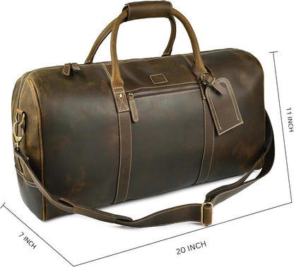 Leather Duffle Bag for Men Women 20 Inch 25L Vintage Brown | Water Resistant Full Grain Leather Duffel Bag, Stylish Travel Weekender Carry-On Sports Gym Overnight Luggage, Toiletry