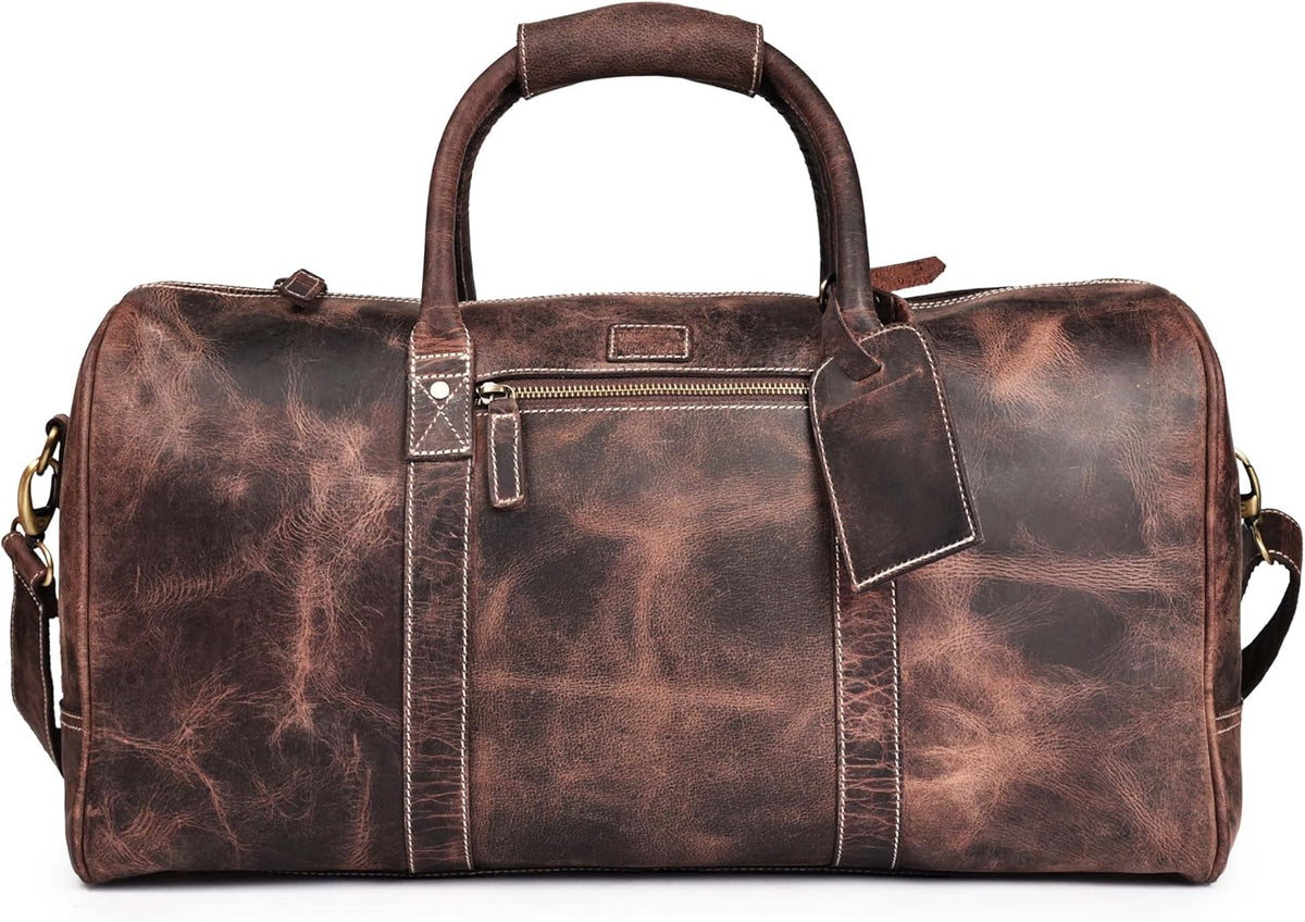 Leather Duffle Bag for Men Women 20 Inch 25L Vintage Brown | Water Resistant Full Grain Leather Duffel Bag, Stylish Travel Weekender Carry-On Sports Gym Overnight Luggage, Toiletry