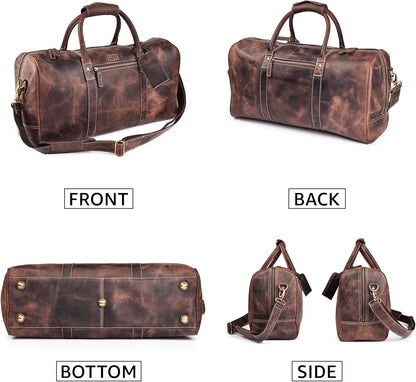 Leather Duffle Bag for Men Women 20 Inch 25L Vintage Brown | Water Resistant Full Grain Leather Duffel Bag, Stylish Travel Weekender Carry-On Sports Gym Overnight Luggage, Toiletry