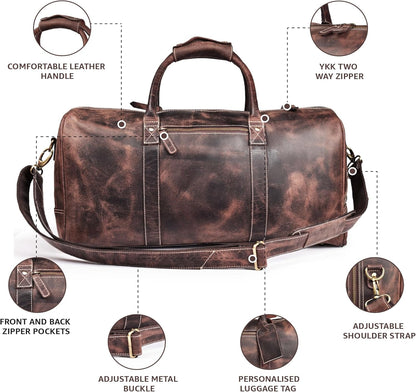 Leather Duffle Bag for Men Women 20 Inch 25L Vintage Brown | Water Resistant Full Grain Leather Duffel Bag, Stylish Travel Weekender Carry-On Sports Gym Overnight Luggage, Toiletry