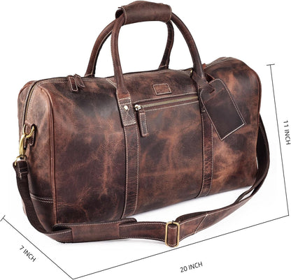 Leather Duffle Bag for Men Women 20 Inch 25L Vintage Brown | Water Resistant Full Grain Leather Duffel Bag, Stylish Travel Weekender Carry-On Sports Gym Overnight Luggage, Toiletry