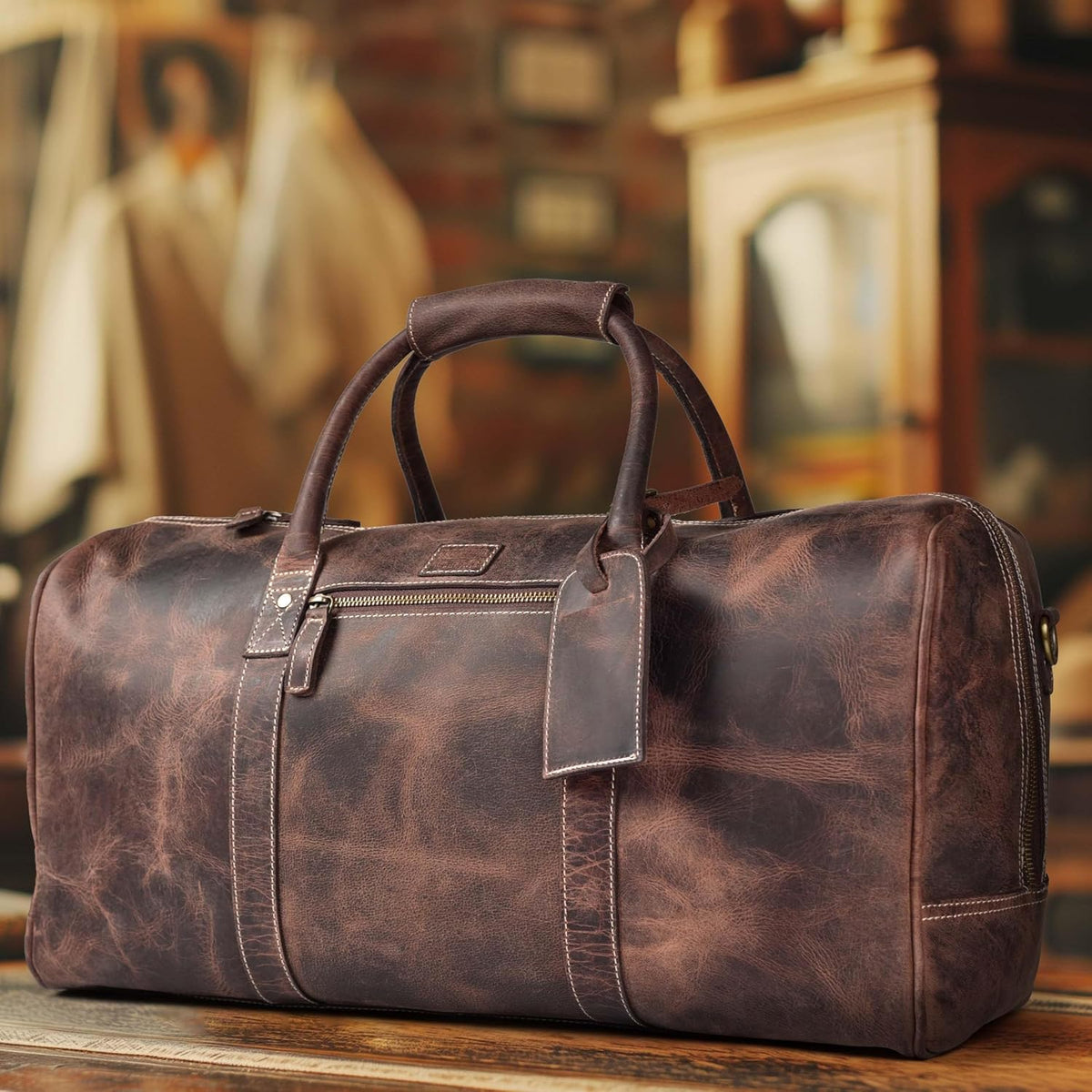 Leather Duffle Bag for Men Women 20 Inch 25L Vintage Brown | Water Resistant Full Grain Leather Duffel Bag, Stylish Travel Weekender Carry-On Sports Gym Overnight Luggage, Toiletry