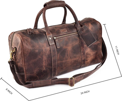 Leather Duffle Bag for Men Women 20 Inch 25L Vintage Brown | Water Resistant Full Grain Leather Duffel Bag, Stylish Travel Weekender Carry-On Sports Gym Overnight Luggage, Toiletry