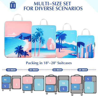 Compression Packing Cubes, 6pcs Expandable Storage Travel Luggage Bags Organizers with Shoe Bag Laundry Bag, Travel Cubes for Suitcase Carry On (Flowers)