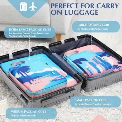 Compression Packing Cubes, 6pcs Expandable Storage Travel Luggage Bags Organizers with Shoe Bag Laundry Bag, Travel Cubes for Suitcase Carry On (Flowers)