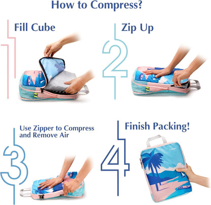 Compression Packing Cubes, 6pcs Expandable Storage Travel Luggage Bags Organizers with Shoe Bag Laundry Bag, Travel Cubes for Suitcase Carry On (Flowers)