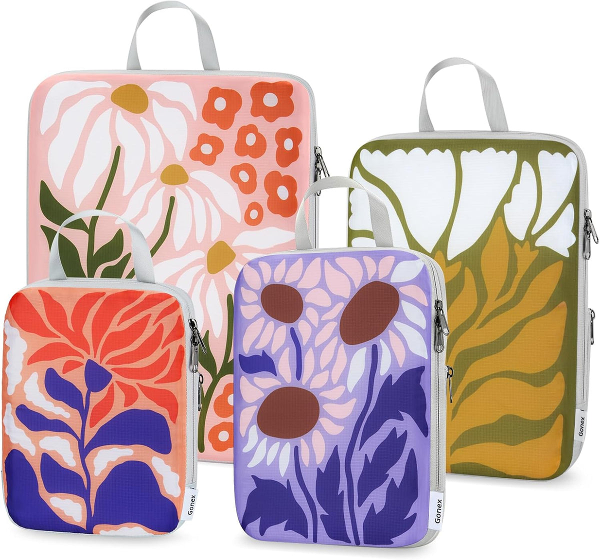 Compression Packing Cubes, 6pcs Expandable Storage Travel Luggage Bags Organizers with Shoe Bag Laundry Bag, Travel Cubes for Suitcase Carry On (Flowers)