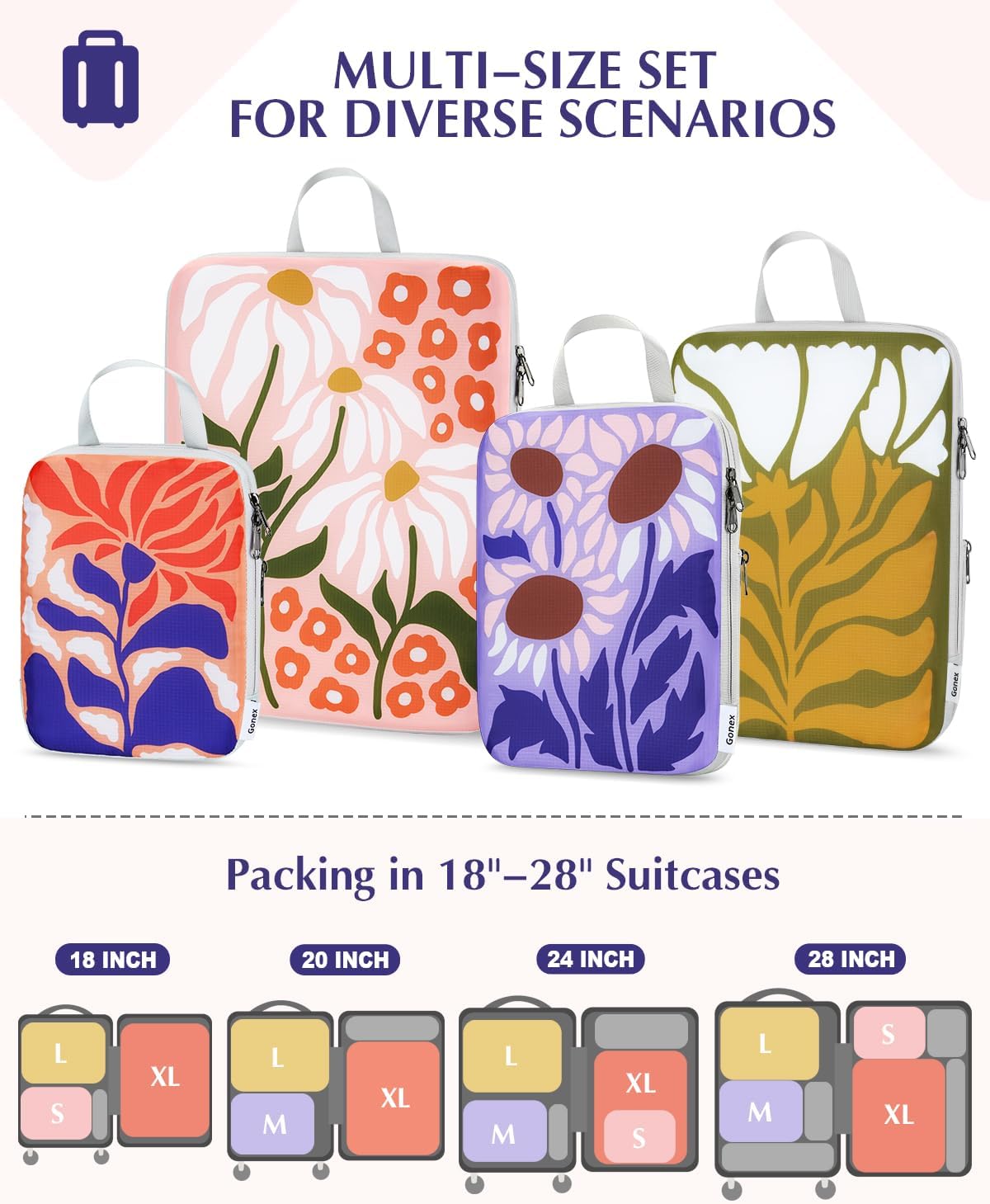 Compression Packing Cubes, 6pcs Expandable Storage Travel Luggage Bags Organizers with Shoe Bag Laundry Bag, Travel Cubes for Suitcase Carry On (Flowers)