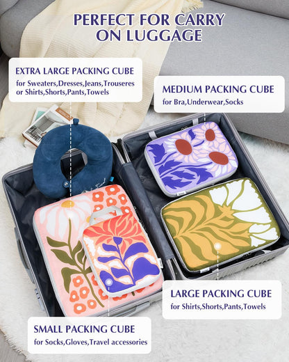 Compression Packing Cubes, 6pcs Expandable Storage Travel Luggage Bags Organizers with Shoe Bag Laundry Bag, Travel Cubes for Suitcase Carry On (Flowers)