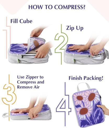Compression Packing Cubes, 6pcs Expandable Storage Travel Luggage Bags Organizers with Shoe Bag Laundry Bag, Travel Cubes for Suitcase Carry On (Flowers)