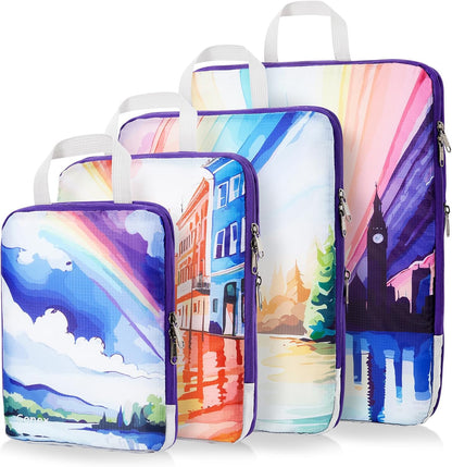 Compression Packing Cubes, 6pcs Expandable Storage Travel Luggage Bags Organizers with Shoe Bag Laundry Bag, Travel Cubes for Suitcase Carry On (Flowers)
