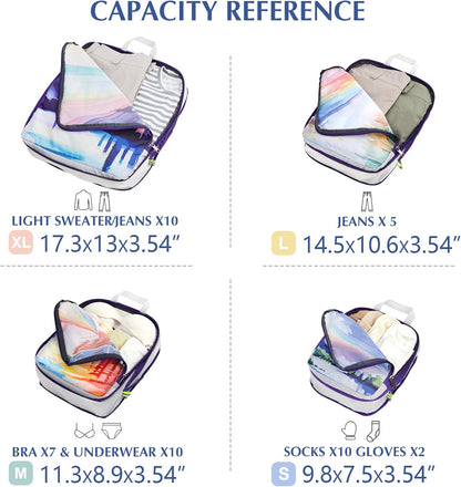 Compression Packing Cubes, 6pcs Expandable Storage Travel Luggage Bags Organizers with Shoe Bag Laundry Bag, Travel Cubes for Suitcase Carry On (Flowers)