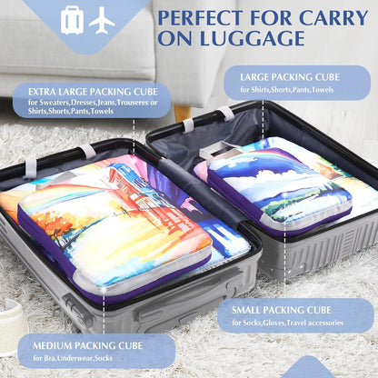 Compression Packing Cubes, 6pcs Expandable Storage Travel Luggage Bags Organizers with Shoe Bag Laundry Bag, Travel Cubes for Suitcase Carry On (Flowers)