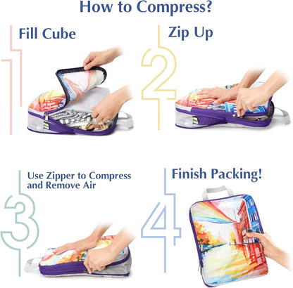 Compression Packing Cubes, 6pcs Expandable Storage Travel Luggage Bags Organizers with Shoe Bag Laundry Bag, Travel Cubes for Suitcase Carry On (Flowers)