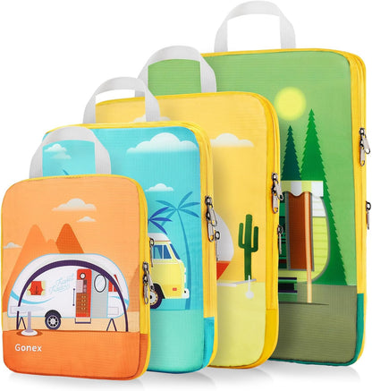 Compression Packing Cubes, 6pcs Expandable Storage Travel Luggage Bags Organizers with Shoe Bag Laundry Bag, Travel Cubes for Suitcase Carry On (Flowers)