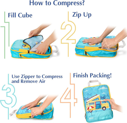 Compression Packing Cubes, 6pcs Expandable Storage Travel Luggage Bags Organizers with Shoe Bag Laundry Bag, Travel Cubes for Suitcase Carry On (Flowers)
