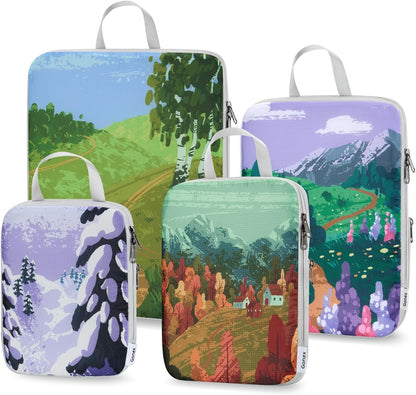 Compression Packing Cubes, 6pcs Expandable Storage Travel Luggage Bags Organizers with Shoe Bag Laundry Bag, Travel Cubes for Suitcase Carry On (Flowers)