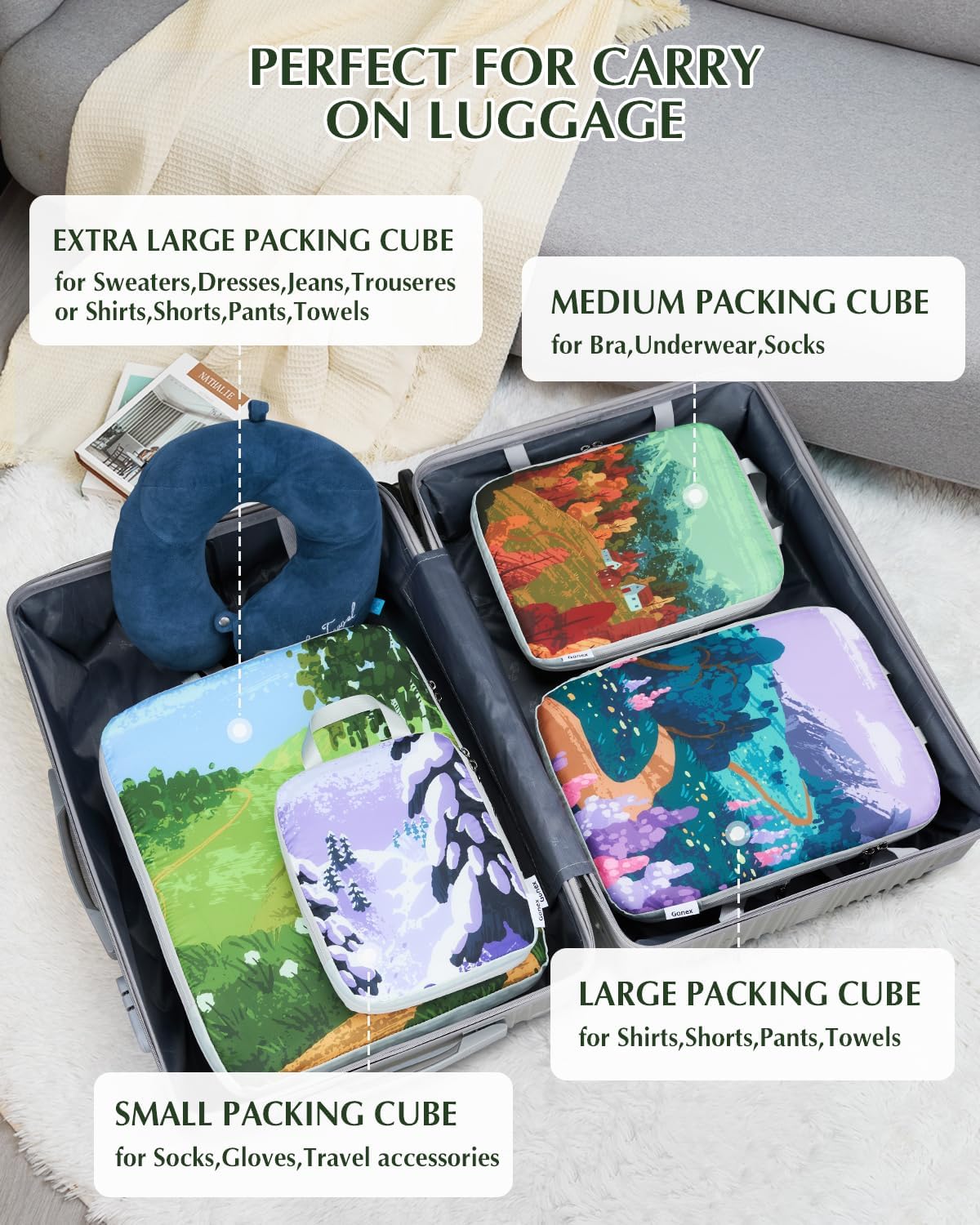 Compression Packing Cubes, 6pcs Expandable Storage Travel Luggage Bags Organizers with Shoe Bag Laundry Bag, Travel Cubes for Suitcase Carry On (Flowers)