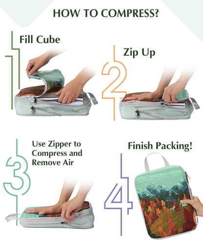Compression Packing Cubes, 6pcs Expandable Storage Travel Luggage Bags Organizers with Shoe Bag Laundry Bag, Travel Cubes for Suitcase Carry On (Flowers)