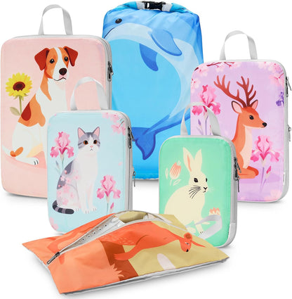 Compression Packing Cubes, 6pcs Expandable Storage Travel Luggage Bags Organizers with Shoe Bag Laundry Bag, Travel Cubes for Suitcase Carry On (Flowers)