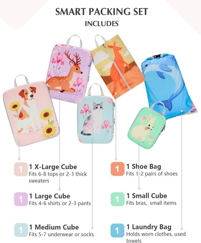 Compression Packing Cubes, 6pcs Expandable Storage Travel Luggage Bags Organizers with Shoe Bag Laundry Bag, Travel Cubes for Suitcase Carry On (Flowers)