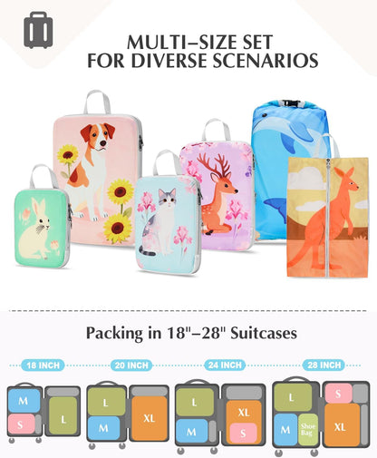 Compression Packing Cubes, 6pcs Expandable Storage Travel Luggage Bags Organizers with Shoe Bag Laundry Bag, Travel Cubes for Suitcase Carry On (Flowers)