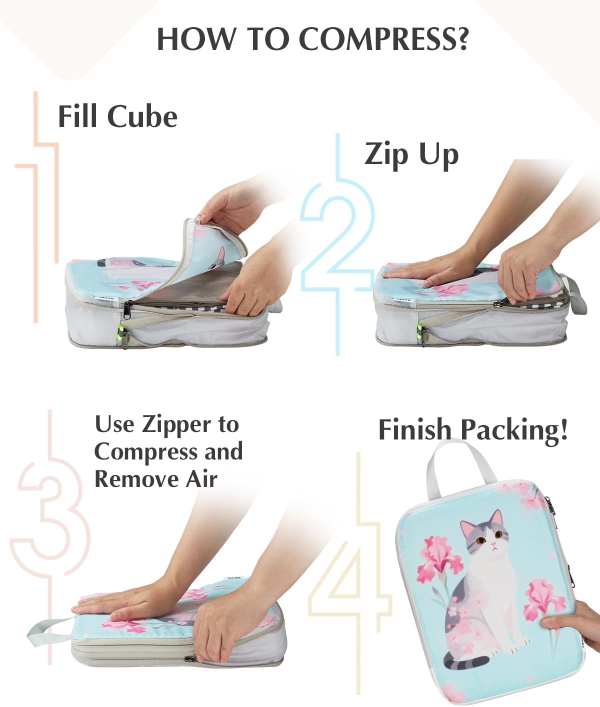 Compression Packing Cubes, 6pcs Expandable Storage Travel Luggage Bags Organizers with Shoe Bag Laundry Bag, Travel Cubes for Suitcase Carry On (Flowers)