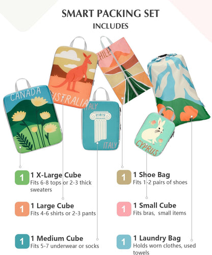 Compression Packing Cubes, 6pcs Expandable Storage Travel Luggage Bags Organizers with Shoe Bag Laundry Bag, Travel Cubes for Suitcase Carry On (Flowers)