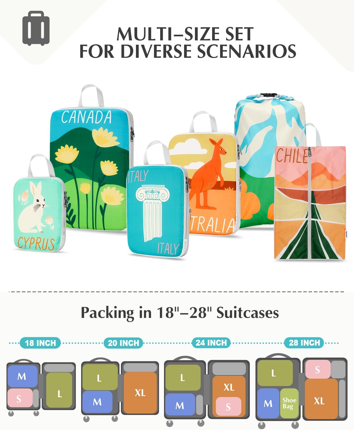 Compression Packing Cubes, 6pcs Expandable Storage Travel Luggage Bags Organizers with Shoe Bag Laundry Bag, Travel Cubes for Suitcase Carry On (Flowers)
