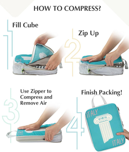 Compression Packing Cubes, 6pcs Expandable Storage Travel Luggage Bags Organizers with Shoe Bag Laundry Bag, Travel Cubes for Suitcase Carry On (Flowers)
