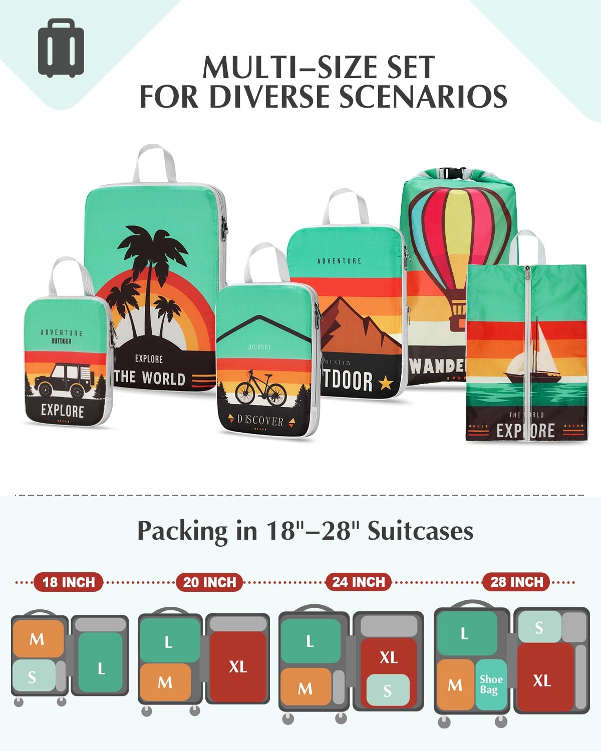 Compression Packing Cubes, 6pcs Expandable Storage Travel Luggage Bags Organizers with Shoe Bag Laundry Bag, Travel Cubes for Suitcase Carry On (Flowers)