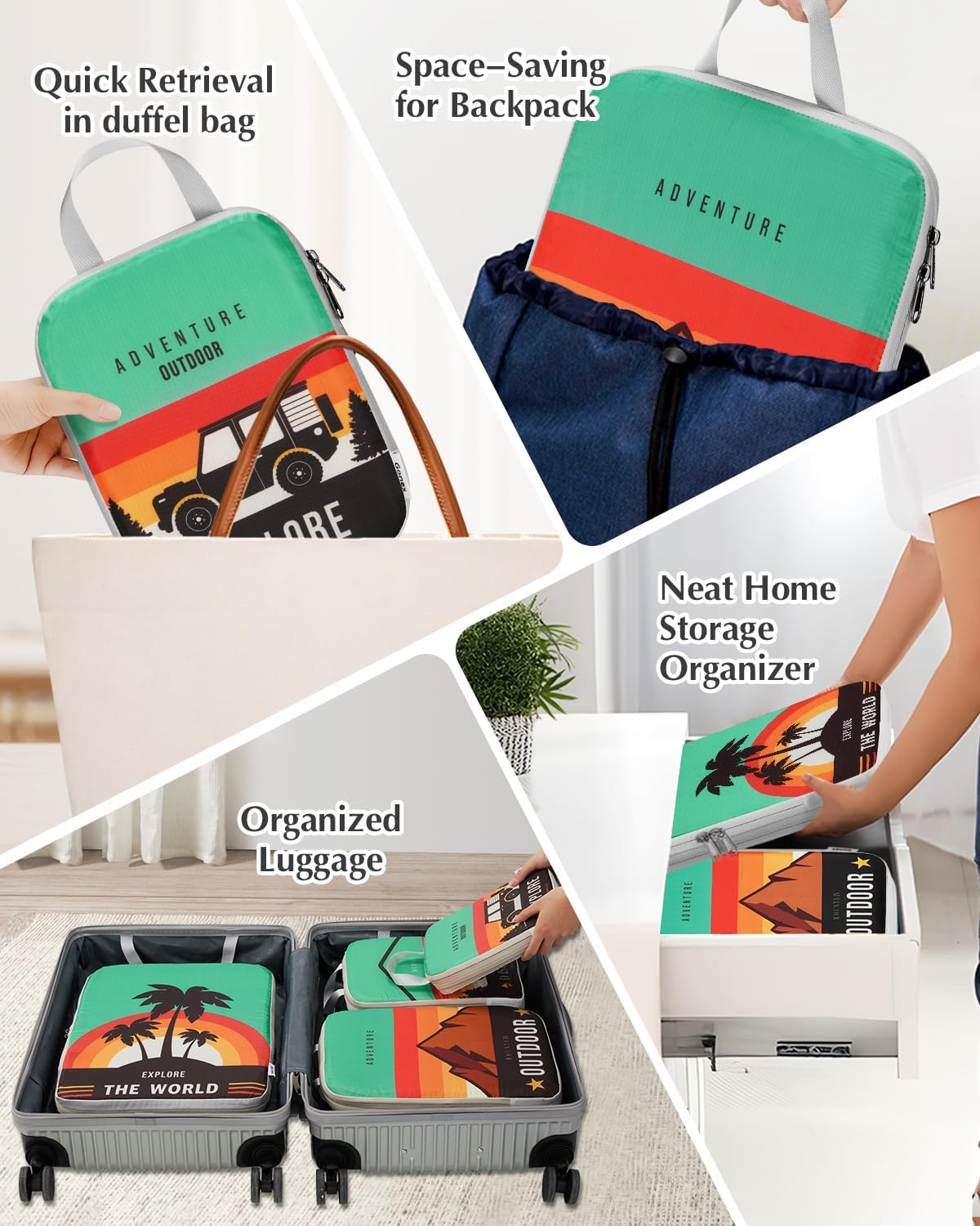 Compression Packing Cubes, 6pcs Expandable Storage Travel Luggage Bags Organizers with Shoe Bag Laundry Bag, Travel Cubes for Suitcase Carry On (Flowers)