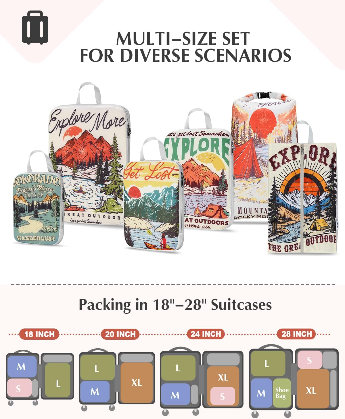 Compression Packing Cubes, 6pcs Expandable Storage Travel Luggage Bags Organizers with Shoe Bag Laundry Bag, Travel Cubes for Suitcase Carry On (Flowers)